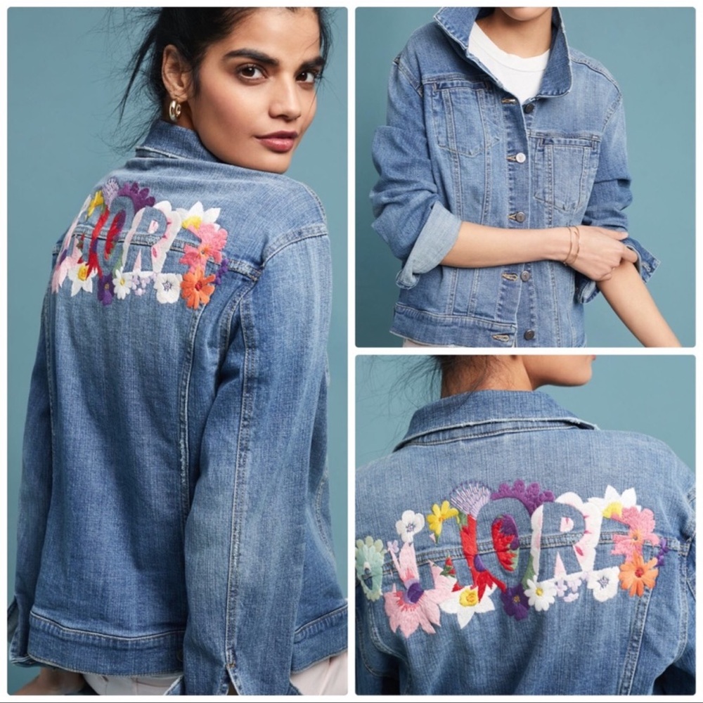 ❗️SOLD❗️ANTHROPOLOGIE- PILCRO “AMORE”FLORAL DENIM JACKET S - Picture 1 of 14